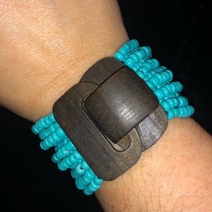 Turquoise & wood latched bracelet